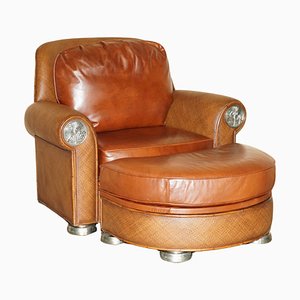 Thomasville Safari Leather Woven Armchair & Footstool Ottoman Brown Leather, Set of 2