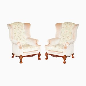 Set of Victorian Style Claw & Ball Feet Floral Wingback Armchairs, 1970s