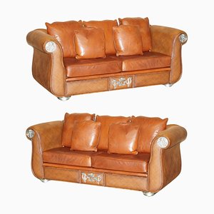 Thomasville Safari Brown Leather Woven Sofas, Set of 2