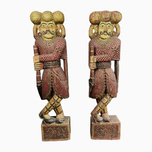 Artiste indien, Statues de Soldats Sculptées, 1800s, Bois, Set de 2