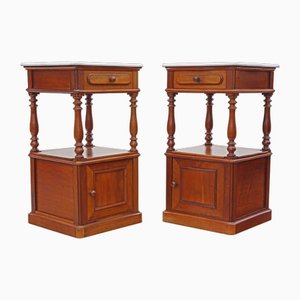 French Walnut Bedside Tables with Marble Tops, 1920s, Set of 2