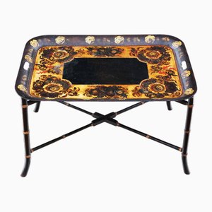 Victorian 19th Century Decorated Black Lacquer Coffee Table Tray on Stand, 1890s