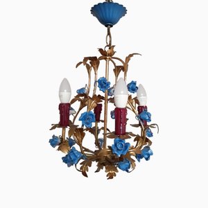 Small Chandelier with Gold-Colored Metal Frame in Colored Candle Filling and Blue Florets, 1970s