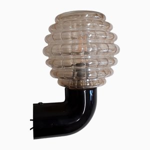 Vintage Wall Lamp with Corrugated, Slightly Tinted Glass Shade on Dark Brown Angle in Plastic, 1970s