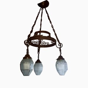 Art Nouveau Chandelier with Curved Iron Frame