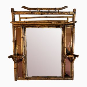 Specchio artigianale in bambù dipinto a mano con mensola attribuita a Perret & Vibert, 1890