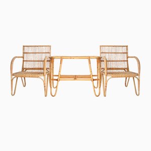 Mid-Century Rattan Armchairs and Coffee Table from Uluv, 1960s, Set of 3