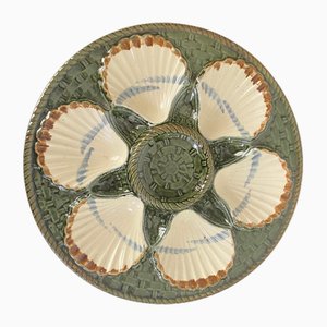 Oyster Plate in Green and White Majolica from Longchamp, 19th Century