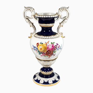 Grand Vase à Poignée Meissen avec Peintures de Bouquet et Or de Leuteritz