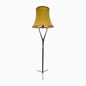 Italian Brass & Black Lacquered Wood Tripod Floor Lamp, 1950s