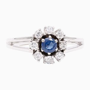 Vintage 14k White Gold Sapphire & Diamonds Daisy Ring, 1960s