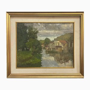 Milanese Canals, 20th Century, Oil Painting on Canvas, Framed