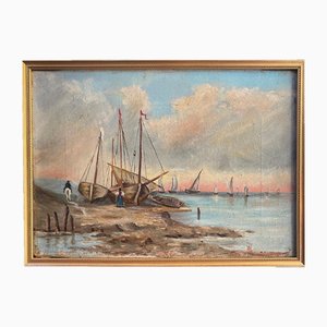 Scène Nautique, 20ème Siècle, Peinture à l'Huile sur Toile