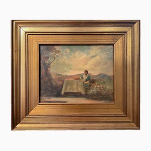 V. Zolla, Femme à table, XIXe siècle, Peinture à l'huile sur carton