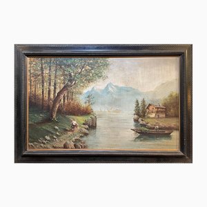 Ettore Percivaldi, Lake Landscape, 20th Century, Oil on Panel, Framed