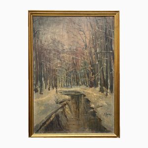 Astolfi, Snowy Park, Oil Painting on Panel, Framed