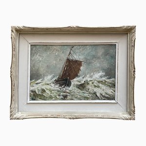 Paesaggio marino con barca in tempesta, dipinto ad olio su pannello, con cornice