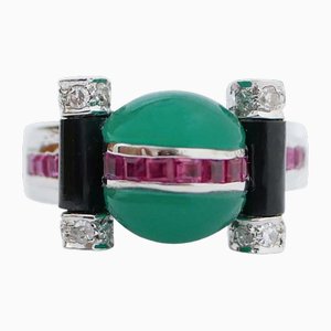 14 Karat White Gold Ring in Green Agate, Onyx, Rubies, Diamonds