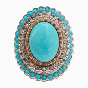 Bague turquoise, diamants, or rose et argent