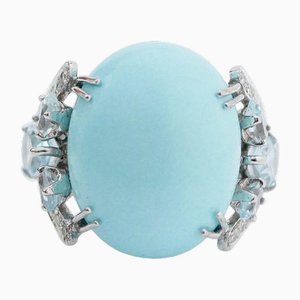 Turquoise, Topazs, Diamonds, Platinum and 14 Karat White Gold Ring