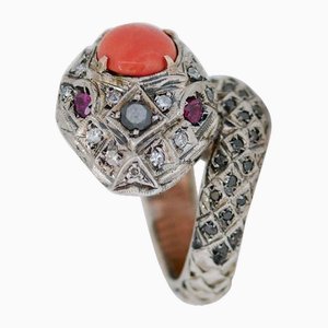 Bague Serpent Corail, Rubis, Diamants, Or Rose et Argent