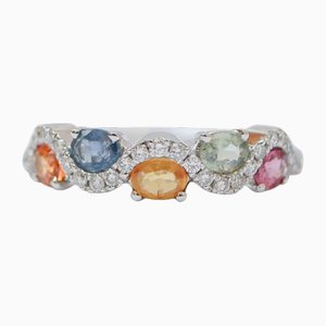 Multicolor Sapphires, Diamonds, 18 Karat White Gold Modern Ring