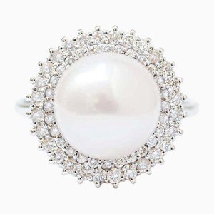 Pearl, Diamonds, 18 Karat White Gold Ring
