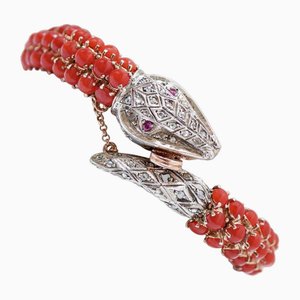 Coral, Rubies, Diamonds, Rose Gold and Silver Snake Bracelet
