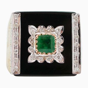 Onyx, Emerald, Diamonds, 9 Karat Rose Gold Ring