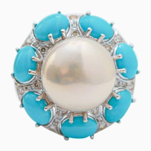 Pearl, Turquoises, Diamonds, 14 Karat White Gold Ring