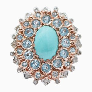 Turquoise, Topazs, Diamonds, Rose Gold and Silver Ring