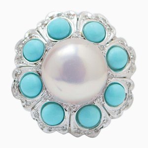Retro-Ring aus Platin, Perle, Türkis, Diamanten