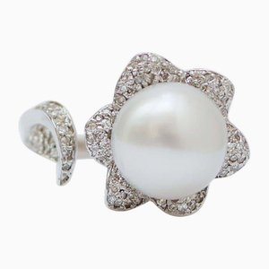 Bague en or blanc 18k, perle, diamants