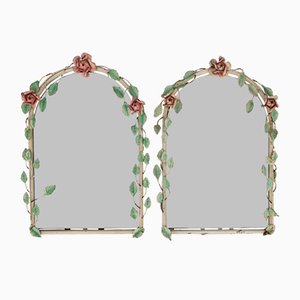 Italian Painted Tole Flower Wall Mirrors, 1950s, Set of 2