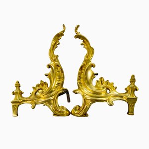 French Rococo Style Gilt Bronze and Iron Firedogs, 1890s, Set of 2