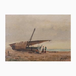 Mediterranean Fishing Boat Beach Scene, Oil on Board, 20th Century, Framed