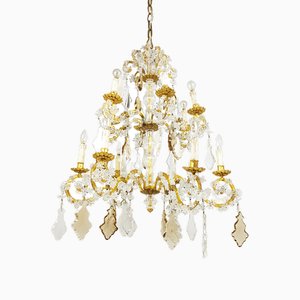 Large Italian Gold Leaf Metal and Faceted Crystal 12-Light Chandelier, 1930s