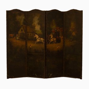 Late 19th Century Oil Painted on Leather Folding Screen Room Divider