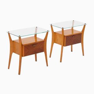Wooden Bedside Tables with Glass Tops, 1950s , Set of 2