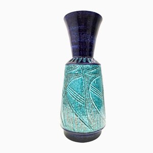Vaso postmoderno in ceramica blu e verde acqua nello stile di Bitossi, anni '60