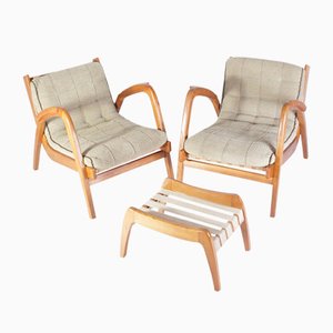 Mid-Century Lounge Chairs and Stool by Kropacek & Kozelka for ČUD, 1940s, Set of 3