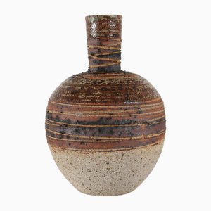 Danish Rustic Stoneware Vase in Chamotte Clay with Stripe Decor by Tue Poulsen, 1970s