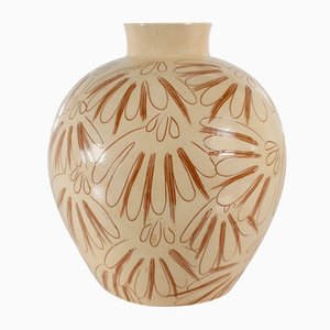 Large Sgraffito Floor Vase with Cream Yellow Glaze attributed to Astrid Tjalk from Herman A. Kähler