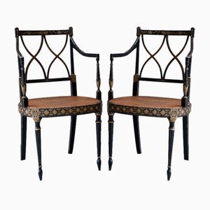Regency Style Ebonized Cane Armchairs, Set of 2
