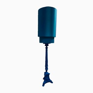 Lámparas de pie Church azules con pantalla doble cilíndrica de seda Doupion. Juego de 2