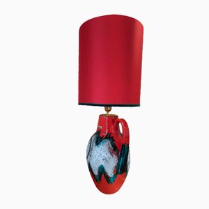 Red Ceramic Table Lamp with Dupion Silk Lampshade from Scheurich, 1950s