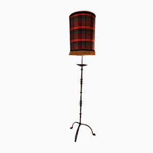 Antique Wrought Iron Floor Lamp with Silk Cylindrical Lampshade