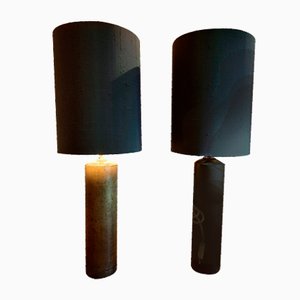 Copper Table Lamps with Cylindrical Lampshade in Green Silk, Set of 2