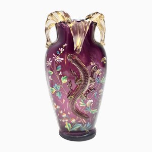Böhmische Vintage Amethyst Vase aus mundgeblasenem Glas mit Salamander, 1890er