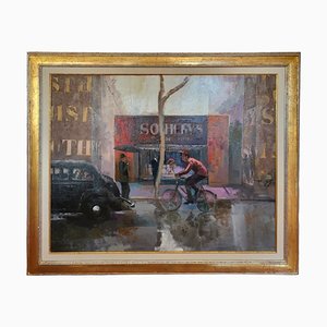 European School Artist, Scene with Cyclist, 1990s, Mixed Media, Framed